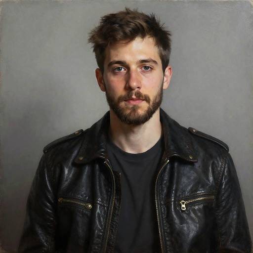 Photorealistic portrait of a young, white man with brown hair and beard, wearing a black leather jacket over a black shirt, against a gray background