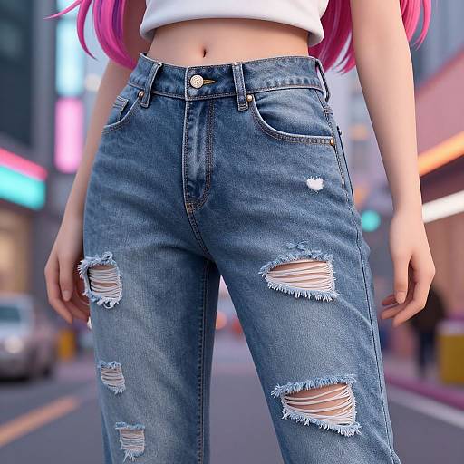 Photograph of a woman with pink hair wearing ripped blue jeans and a white crop top, standing on a neon-lit city street.