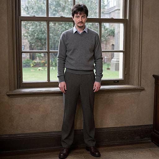 Photograph of a young man with short black hair, wearing a gray sweater, dark pants, and brown shoes, standing in front of a large window