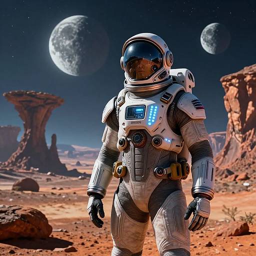 CGI image of a lone astronaut in a white spacesuit with a reflective helmet, standing on a red desert planet with two moons and unique rock formations