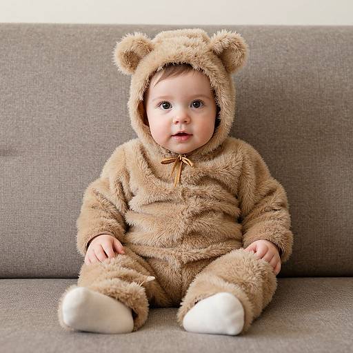 Photograph of a baby with light skin, sitting on a gray couch, wearing a fuzzy brown bear onesie with bear ears and a small brown bow