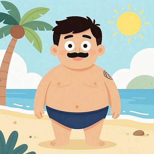 Cartoon image of a chubby, fair-skinned man with black hair and mustache, wearing blue swim trunks, standing on a sunny beach with
