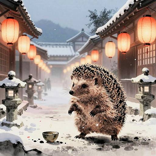 Hedgehog Warrior in Snowy Village