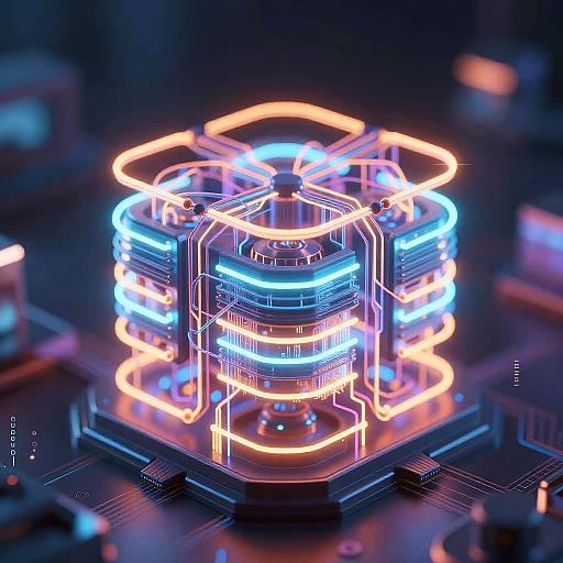 Digital CGI artwork of a glowing, neon-lit, futuristic mechanical structure with blue and orange rings, set against a dark, circuitry background.