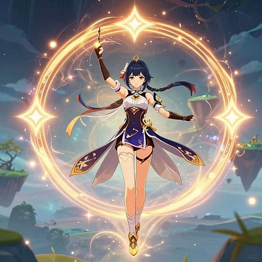 Digital anime-style artwork of a blue-haired female mage in a dark blue and gold outfit, casting a glowing magical circle in a mystical, floating island landscape