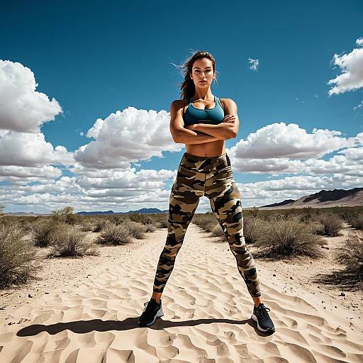 Fit Woman in Camouflage Activewear in Desert