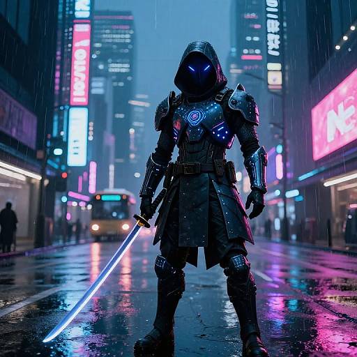 Cyberpunk warrior in dark armor with glowing blue visor and sword stands in a neon-lit, rainy city street, illuminated by vibrant signs and