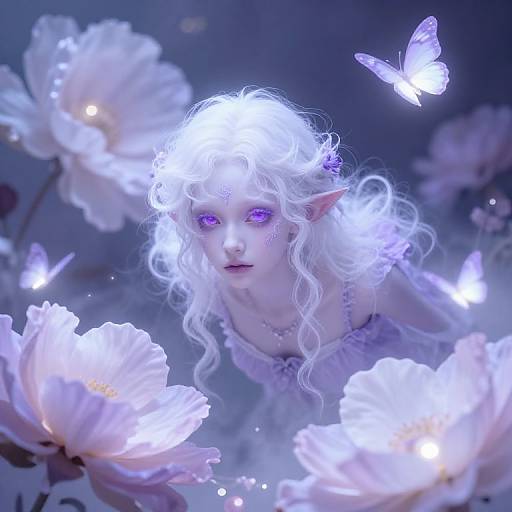 Digital fantasy artwork of a glowing white-haired elf with purple eyes, surrounded by luminescent flowers and white butterflies in a mystical, blue-hued garden