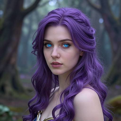 Digital portrait of a fair-skinned woman with vivid purple, wavy hair and striking blue eyes, standing in a misty forest.