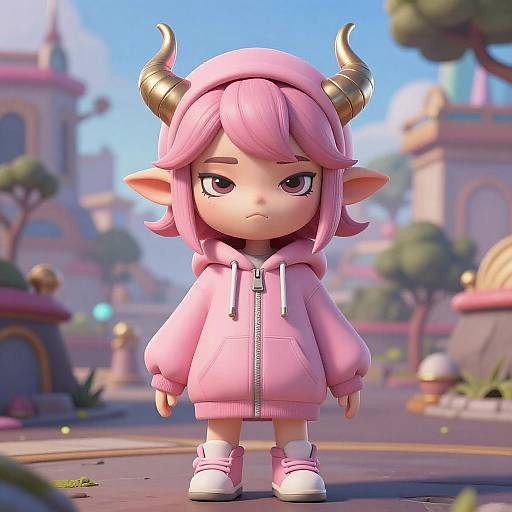 3D Cute Pink-Haired Girl with Horns in Pink Hoodie