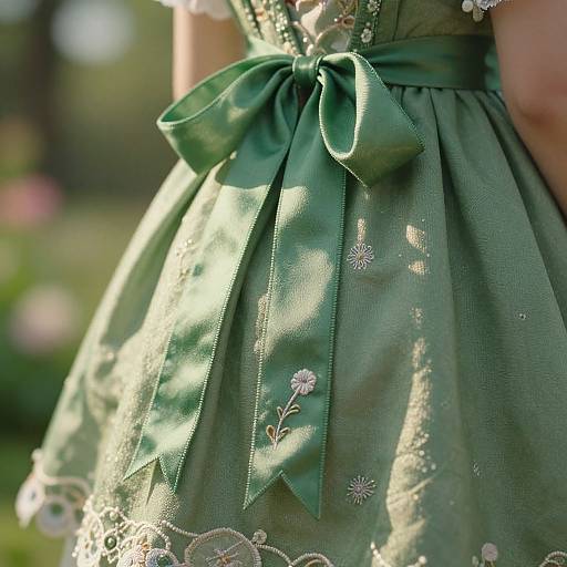 Close-up photograph of a green, lace-trimmed dress with a large satin bow at the back, sunlight filtering through.