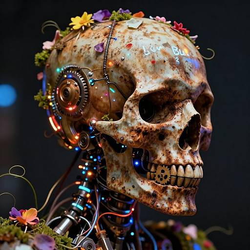 Digital artwork of a rusted, skeletal head adorned with colorful flowers and mechanical parts, set against a dark, blurred background.