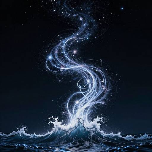 Digital art of a glowing, swirling blue light burst emerging from a crashing wave against a dark, starry night sky.