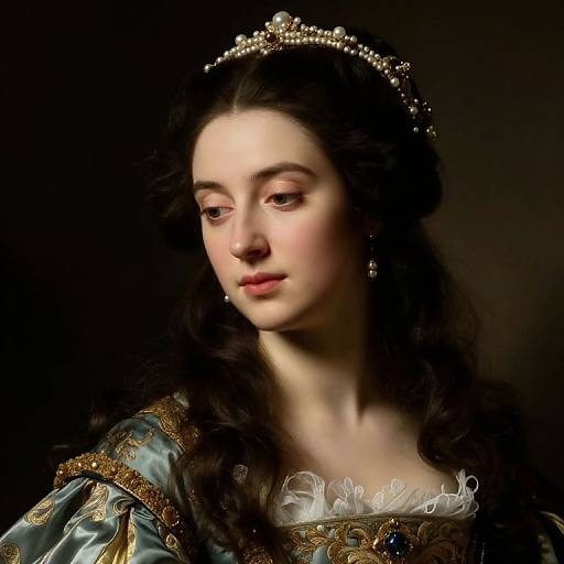 Photorealistic painting of a fair-skinned, dark-haired queen with delicate features, wearing an ornate pearl headband, gold-embroidered