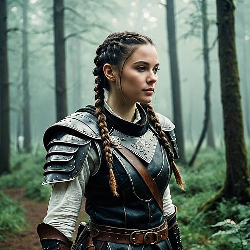 Female Warrior with Braided Hair in Forest