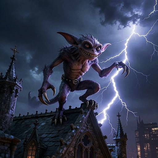 Gremlin on Gothic Rooftop Night