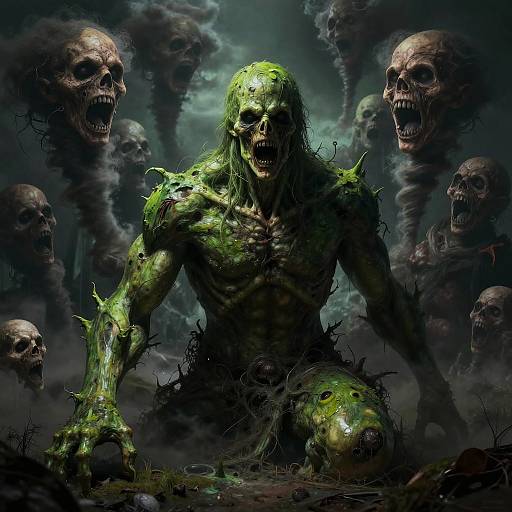 Digital art of a green, muscular zombie with decaying skin, sharp spikes, and a gruesome face, surrounded by dark, shadowy skulls. M
