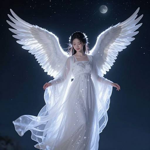 Photograph of a glowing, ethereal angelic woman with large, radiant white wings, wearing a flowing white dress, against a starry night sky