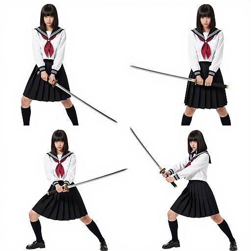 Dynamic Poses of Japanese Schoolgirl with Sword