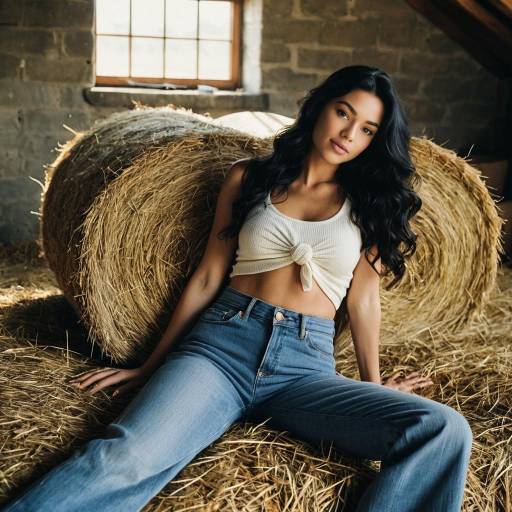 Woman Relaxing on Hay Bales in Countryside Loft