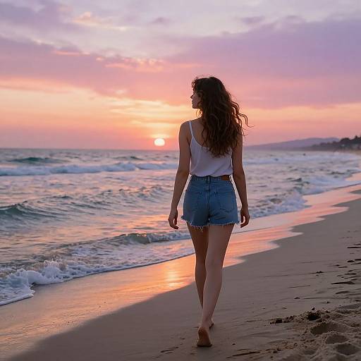 Photograph of a woman with long, wavy brown hair in a white tank top and high-waisted denim shorts, walking barefoot on a