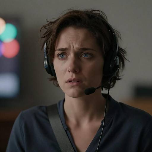 Worried Woman with Headset and Bokeh Lights