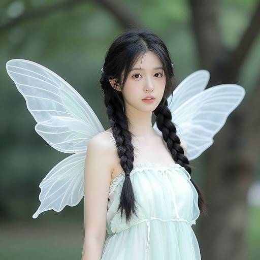 Photograph of an Asian woman with long black braids, wearing a white dress and translucent white fairy wings, standing in a blurred green forest background.