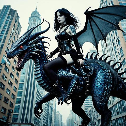 Goth Demoness Riding Dragon in City
