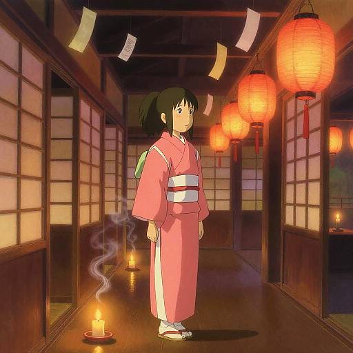 Woman in Pink Kimono at Lantern-Lit Teahouse