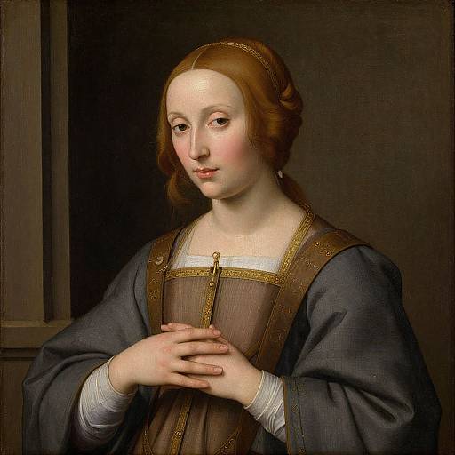 Renaissance portrait of a fair-skinned, red-haired woman in a blue dress and brown vest, hands clasped, soft gaze, dark background