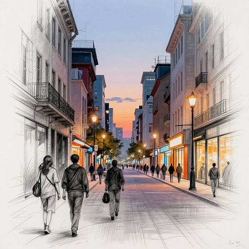 Digital sketch of a bustling urban street at sunset, featuring people walking, street lamps, and colorful storefronts, with buildings on both sides.
