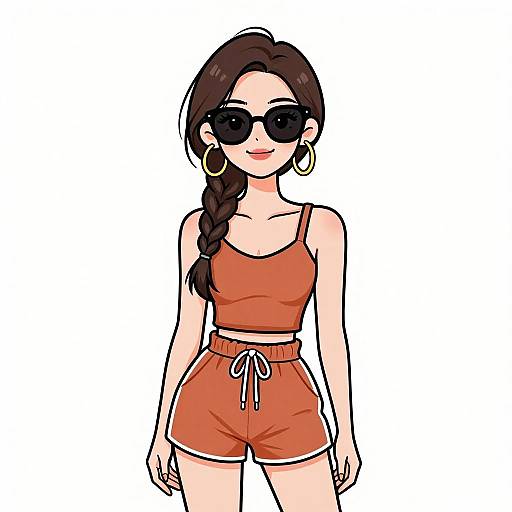 Digital illustration of a young woman with long brown hair in a braid, wearing black sunglasses, orange crop top, and matching shorts, with large gold