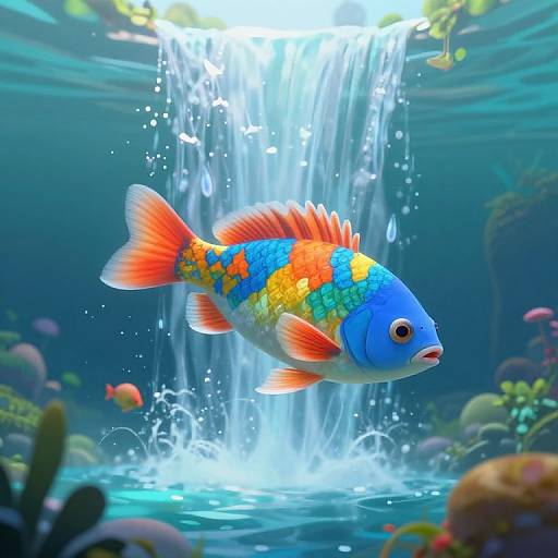 Colorful fish with vibrant orange, blue, and yellow scales swims near a cascading underwater waterfall in a lively coral reef. Digital art.