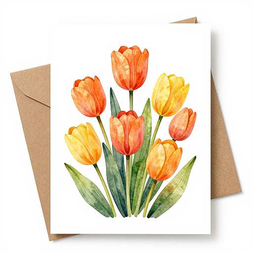 Watercolor painting of six vibrant orange and yellow tulips with green leaves on white paper, layered over brown cardboard.