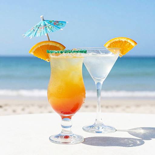 Photograph of two beach cocktails; one orange, one clear, both with orange slices, green salt rims, tiny umbrellas, and a blue ocean