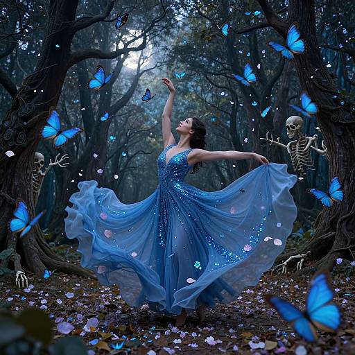 Photograph of a woman in a blue, sequined dress dancing in a dark forest, surrounded by glowing blue butterflies, two skeletons, and scattered petals