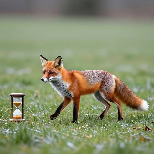 Photograph of a red fox walking across a grassy field, passing a small hourglass with golden sand, blurred background.