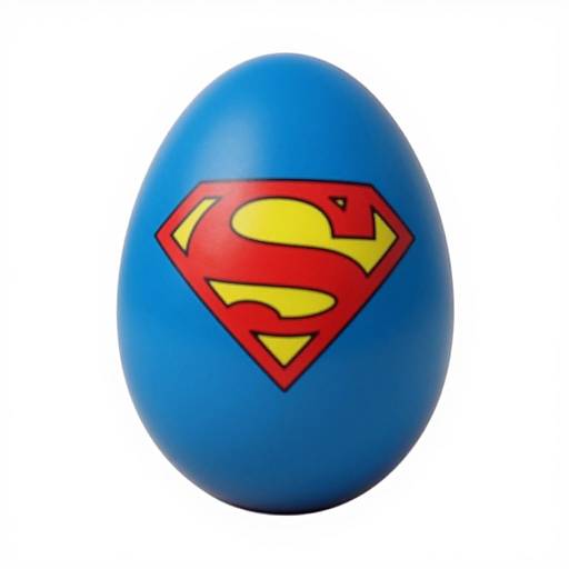 Photograph of a smooth, blue egg with a red and yellow Superman 