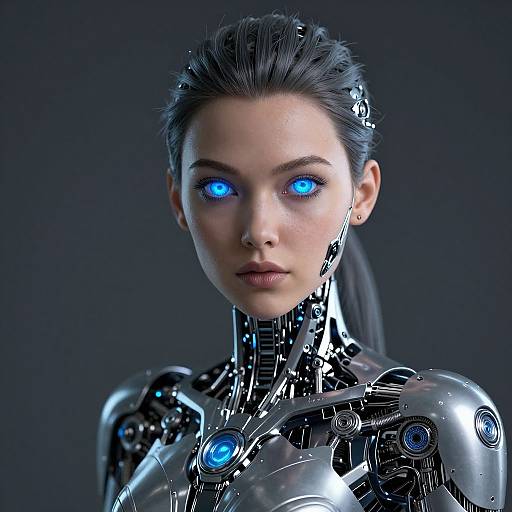 Photorealistic CGI of a silver, robotic woman with glowing blue eyes, sleek black hair, and metallic joints, set against a dark blue background.