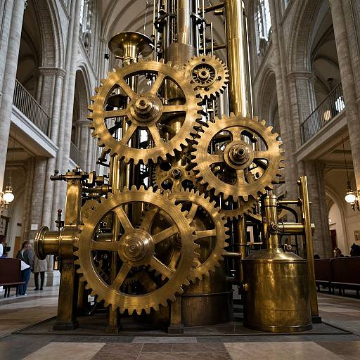 Photograph of intricate golden gears and mechanical apparatus inside a grand, Gothic-style cathedral with arched ceilings and stone columns.