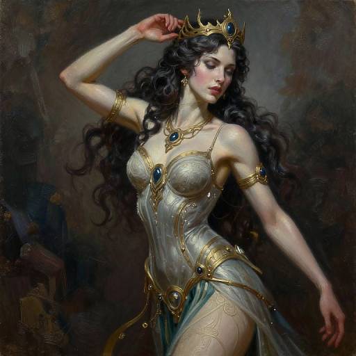 Digital painting of a fair-skinned, black-haired queen with a golden crown, wearing an ornate, silver and gold dress with blue jewels, against
