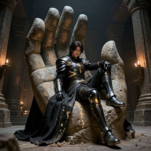 Photorealistic digital artwork of a dark-haired, armored warrior seated on a massive, stone, hand-shaped throne adorned with ancient runes, in a dim