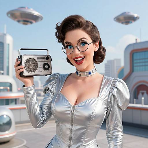 CGI image of a smiling, fair-skinned, blue-eyed woman with retro hair, wearing a silver, puffed-sleeve dress and ch