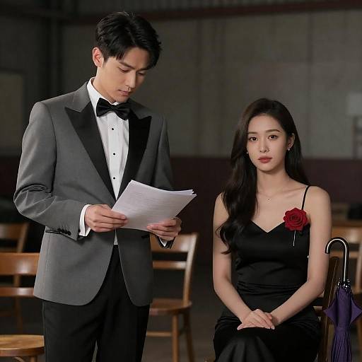 Elegant Duo in Dim Industrial Setting