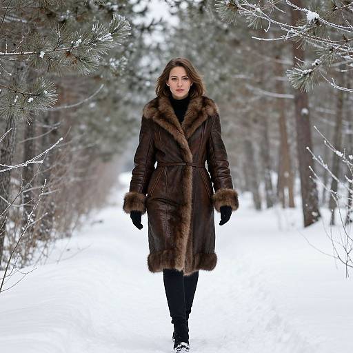 Photograph of a woman with brown hair in a dark brown fur-trimmed winter coat, black gloves, and pants, walking through a snowy forest