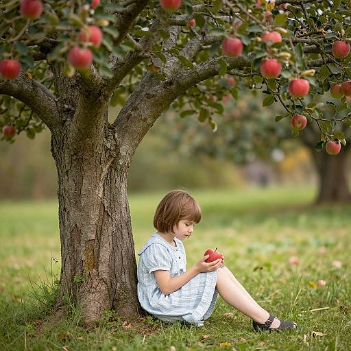 Young girl with brown bob haircut, white dress, black shoes, sitting under apple tree, holding red apple, green grass background. Photographic image.