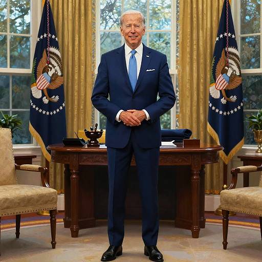 Photograph of an elderly white man in a navy suit, white shirt, and blue tie, standing in an office with large windows, gold curtains,