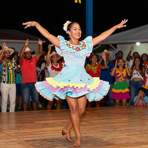 A joyful, dark-skinned woman in a colorful, ruffled blue dress performs a lively dance on a wooden stage, with a cheering crowd in the