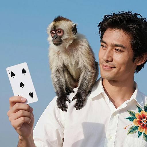 Man with Monkey Holding Playing Card