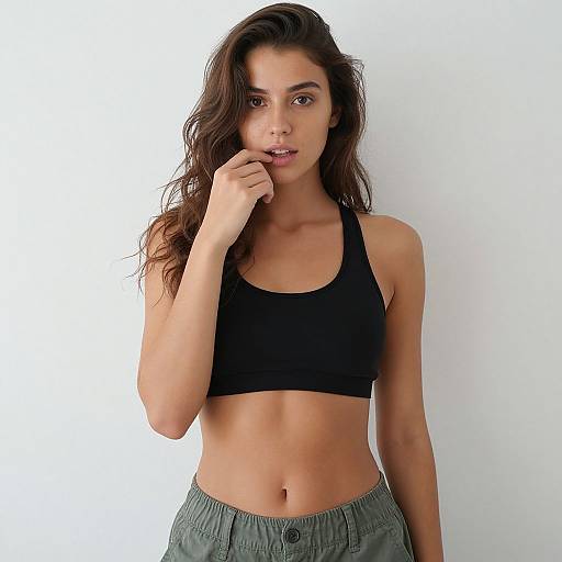 Photograph of a fit, young woman with long, wavy brown hair, wearing a black sports bra and gray pants, standing against a plain white